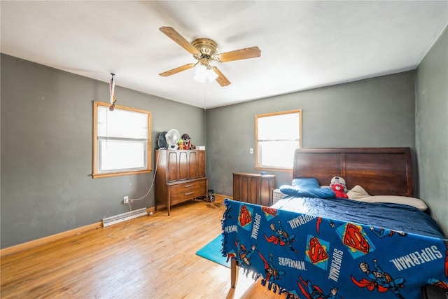 bedroom with ceiling fan and hardwood / wood-style flooring