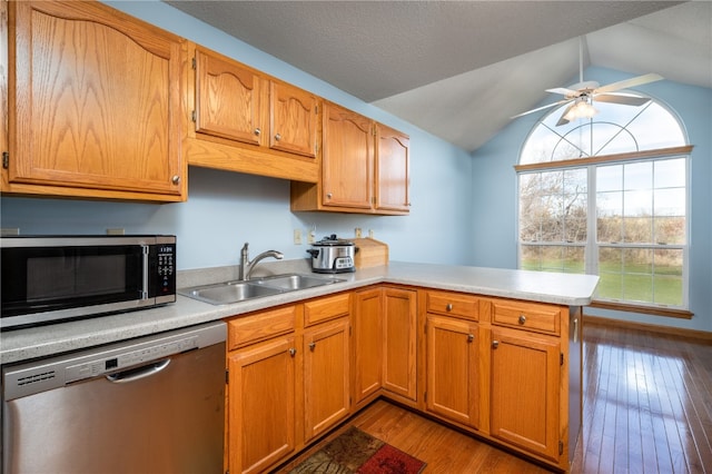 kitchen featuring stainless steel appliances, lofted ceiling, light hardwood / wood-style floors, and kitchen peninsula