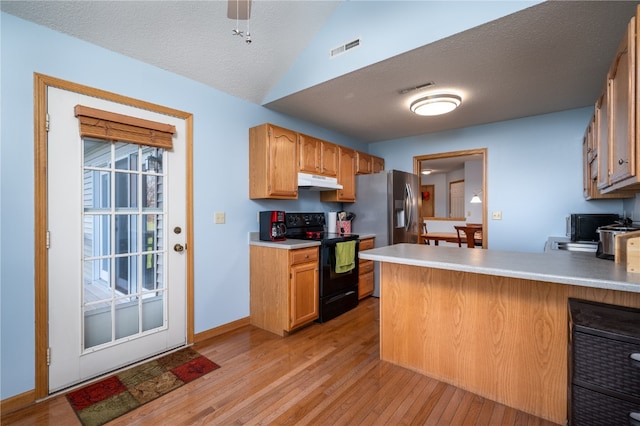 kitchen with kitchen peninsula, a textured ceiling, light hardwood / wood-style flooring, stainless steel fridge with ice dispenser, and black / electric stove