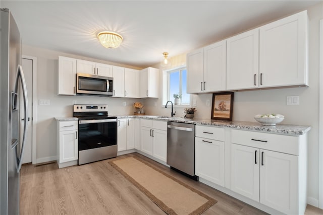 kitchen featuring white cabinetry, light wood-type flooring, stainless steel appliances, and sink