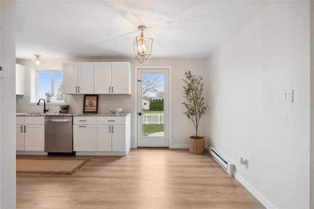 kitchen with dishwasher, a baseboard heating unit, white cabinetry, and a healthy amount of sunlight