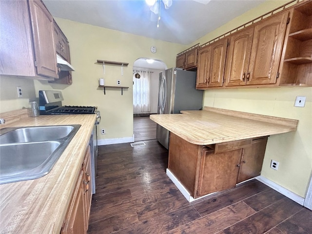 kitchen with appliances with stainless steel finishes, dark wood-type flooring, sink, and ceiling fan