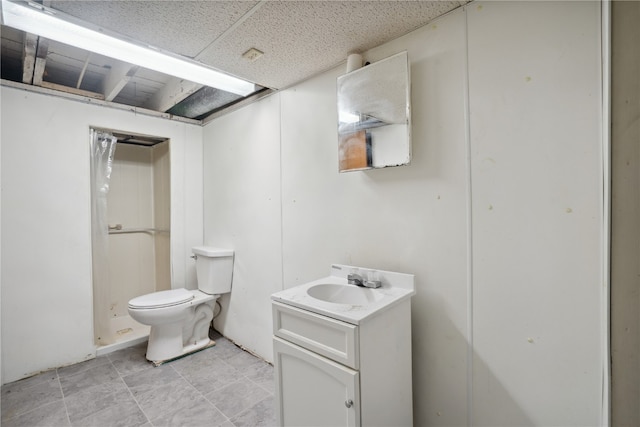 bathroom featuring a shower, vanity, and toilet