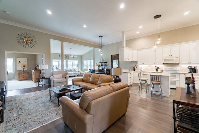 living room with sink, vaulted ceiling, hardwood / wood-style flooring, ceiling fan, and ornamental molding