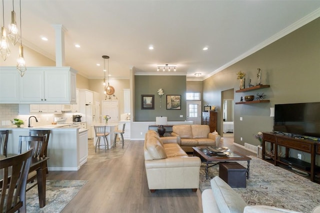 living room featuring light hardwood / wood-style flooring, ornamental molding, and sink