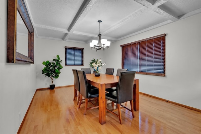 dining space with a textured ceiling, beamed ceiling, coffered ceiling, and light wood-type flooring