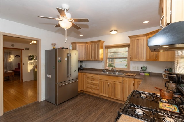 kitchen featuring dark hardwood / wood-style floors, a healthy amount of sunlight, sink, and stainless steel refrigerator