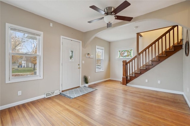 entryway featuring light hardwood / wood-style floors and ceiling fan