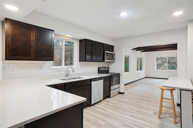 kitchen with sink, stainless steel appliances, backsplash, light hardwood / wood-style floors, and dark brown cabinets