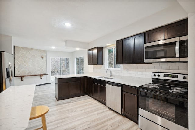 kitchen featuring sink, light hardwood / wood-style flooring, decorative backsplash, kitchen peninsula, and stainless steel appliances