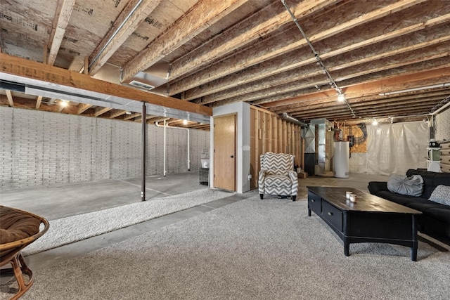 basement with heating unit and water heater