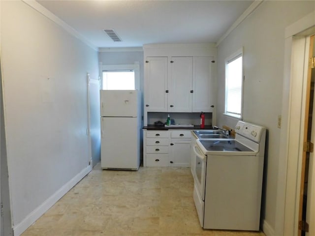 kitchen with sink, white cabinets, white appliances, and ornamental molding