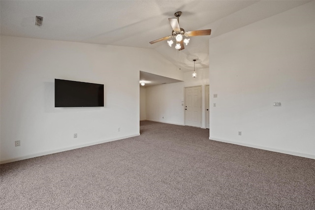 unfurnished living room with carpet flooring, ceiling fan, and lofted ceiling