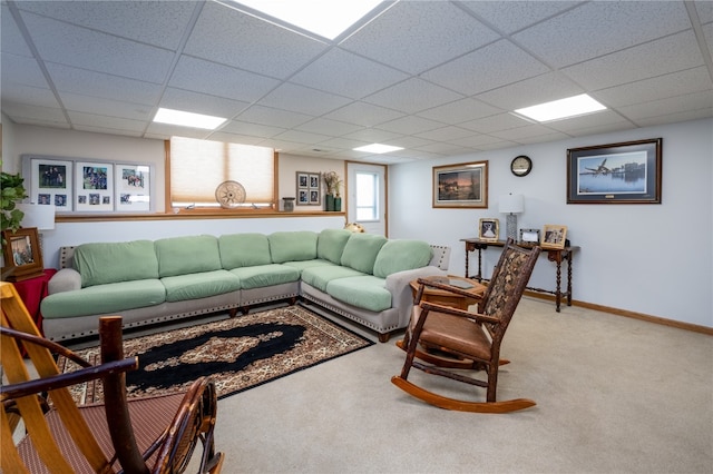 living room with carpet flooring and a paneled ceiling