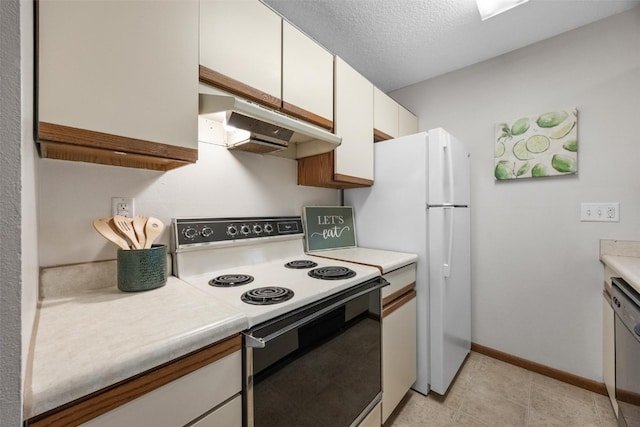 kitchen featuring white cabinetry, white appliances, and a textured ceiling