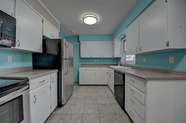 kitchen with white cabinetry, sink, light tile patterned floors, and black appliances