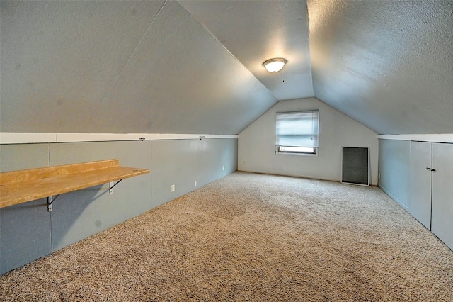 additional living space featuring a textured ceiling, lofted ceiling, and light carpet