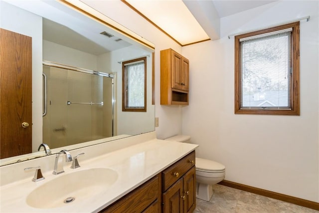 bathroom featuring an enclosed shower, visible vents, baseboards, toilet, and vanity