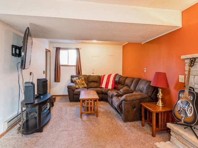 carpeted living room featuring a textured ceiling and baseboard heating