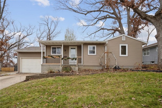 single story home with a front yard, a porch, and a garage