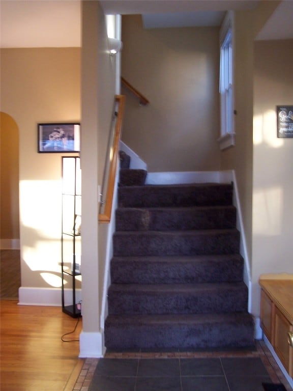 stairway featuring wood-type flooring