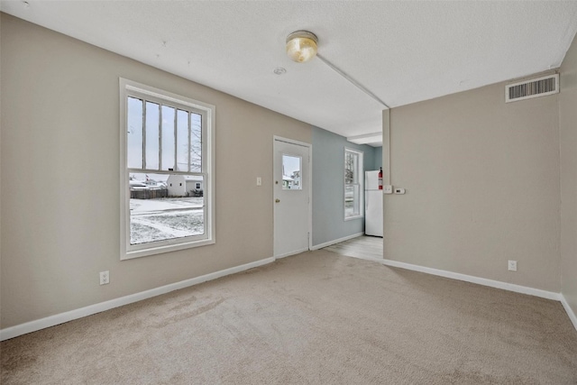 unfurnished room featuring a textured ceiling and light colored carpet