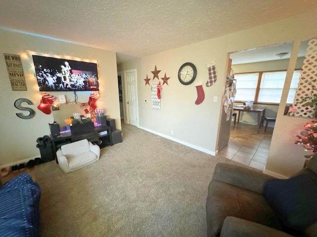 carpeted living room with a textured ceiling