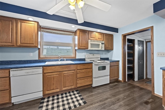 kitchen featuring ceiling fan, sink, dark hardwood / wood-style floors, and white appliances