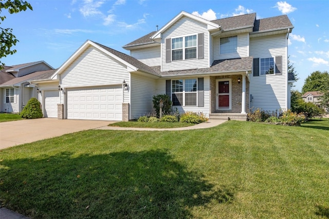 view of front of home with a garage and a front lawn