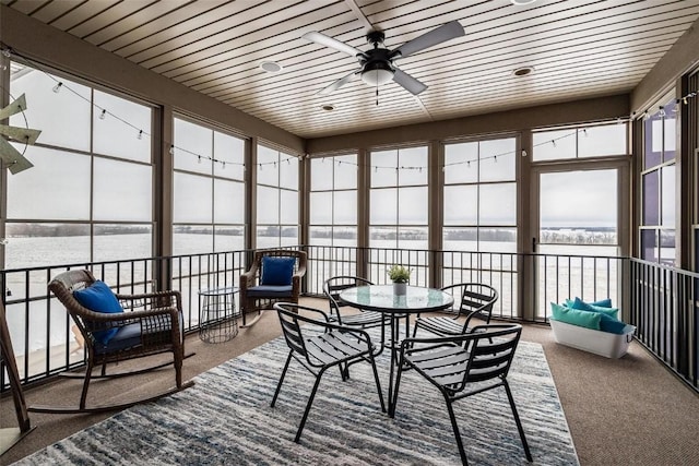 sunroom / solarium with a water view, ceiling fan, and wooden ceiling