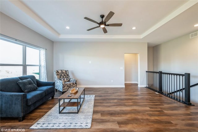 living room featuring dark wood-type flooring and a raised ceiling