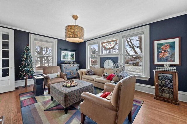 living room featuring light hardwood / wood-style floors, crown molding, and a healthy amount of sunlight