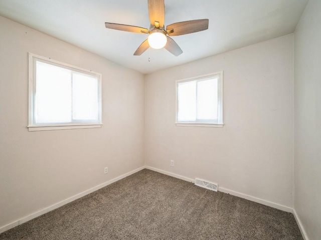 spare room featuring carpet, a wealth of natural light, and ceiling fan