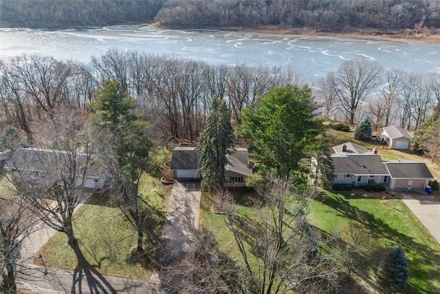 birds eye view of property featuring a water view