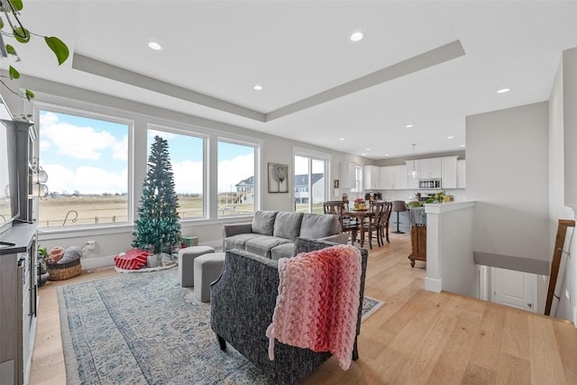 living room with a raised ceiling and light wood-type flooring