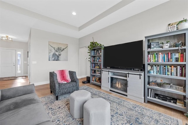 living room with a fireplace and light hardwood / wood-style flooring