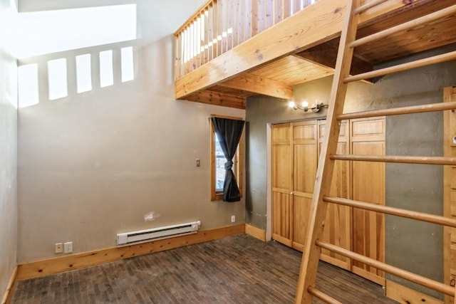 interior space featuring dark hardwood / wood-style floors, baseboard heating, and wood ceiling