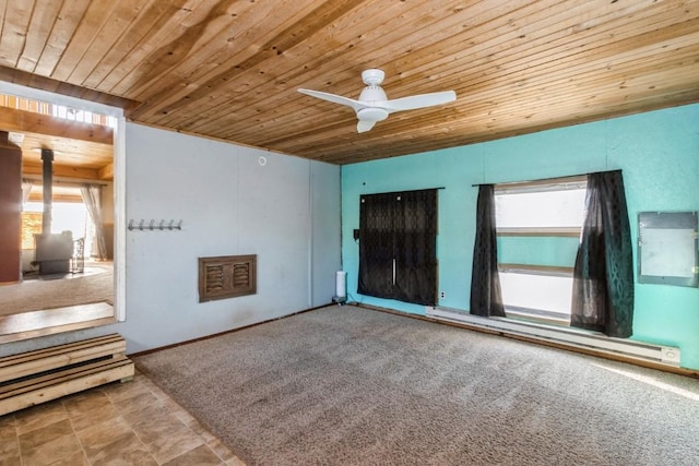 empty room with carpet flooring, ceiling fan, and wood ceiling