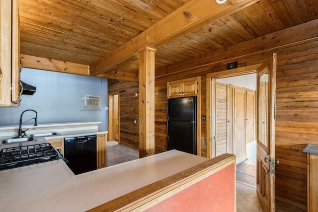 kitchen with wood ceiling, extractor fan, sink, black appliances, and beam ceiling