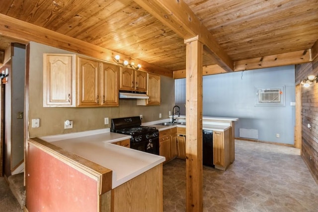 kitchen featuring a wall mounted air conditioner, wooden ceiling, black appliances, sink, and kitchen peninsula