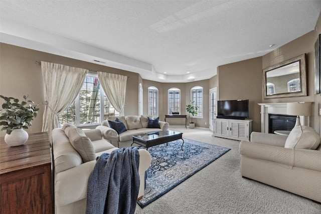 living room featuring carpet, plenty of natural light, and a textured ceiling