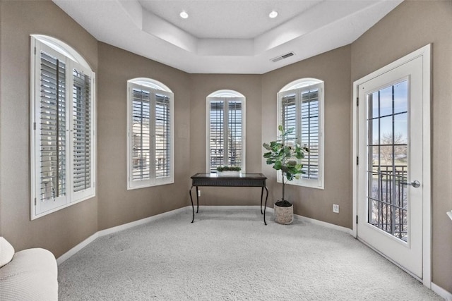 interior space featuring a tray ceiling and carpet