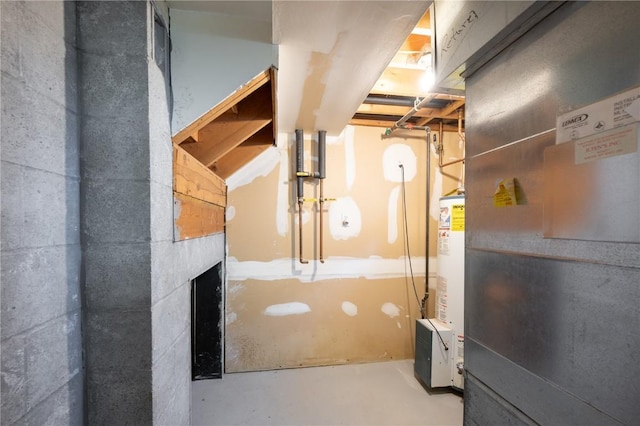 interior space featuring gas water heater and a fireplace