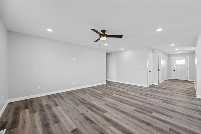 unfurnished living room with light hardwood / wood-style floors and ceiling fan