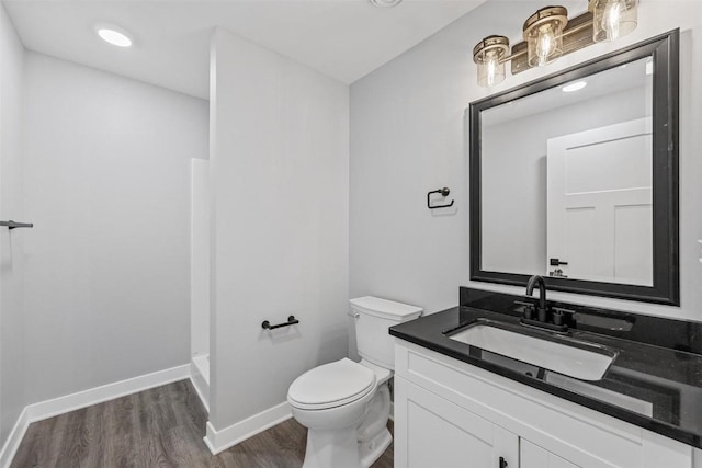 bathroom featuring a shower, vanity, wood-type flooring, and toilet