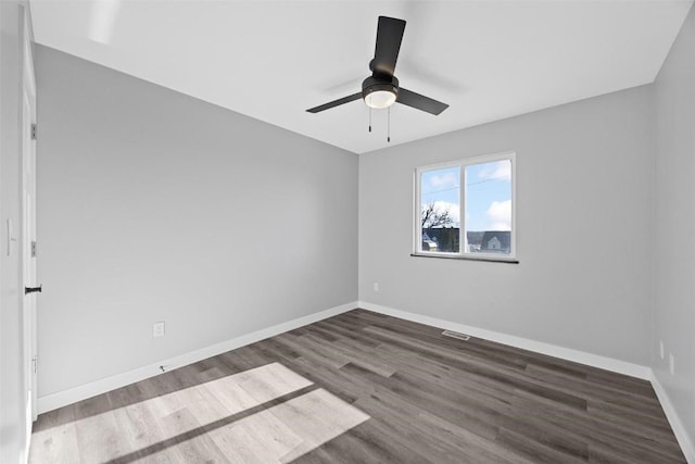 unfurnished room featuring ceiling fan and dark wood-type flooring