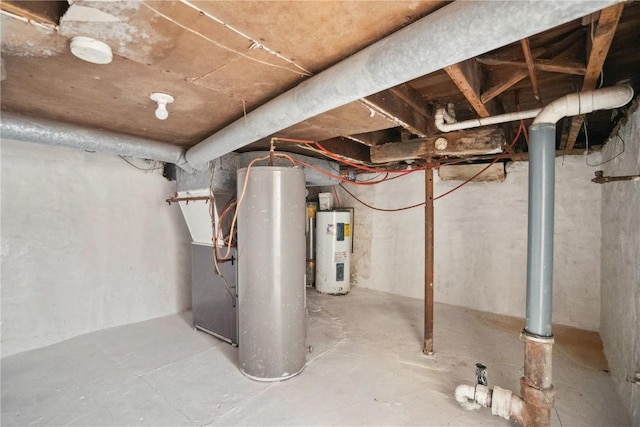 basement featuring electric water heater and heating unit