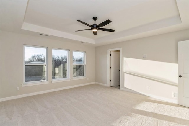 spare room featuring a raised ceiling and light carpet