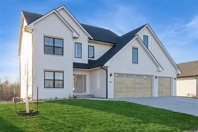 modern farmhouse style home featuring central AC unit, a garage, and a front lawn