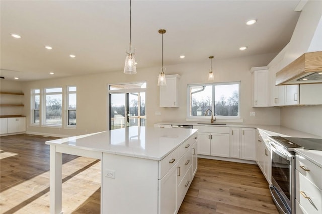 kitchen with premium range hood, light hardwood / wood-style flooring, stainless steel electric range oven, a wealth of natural light, and a kitchen island